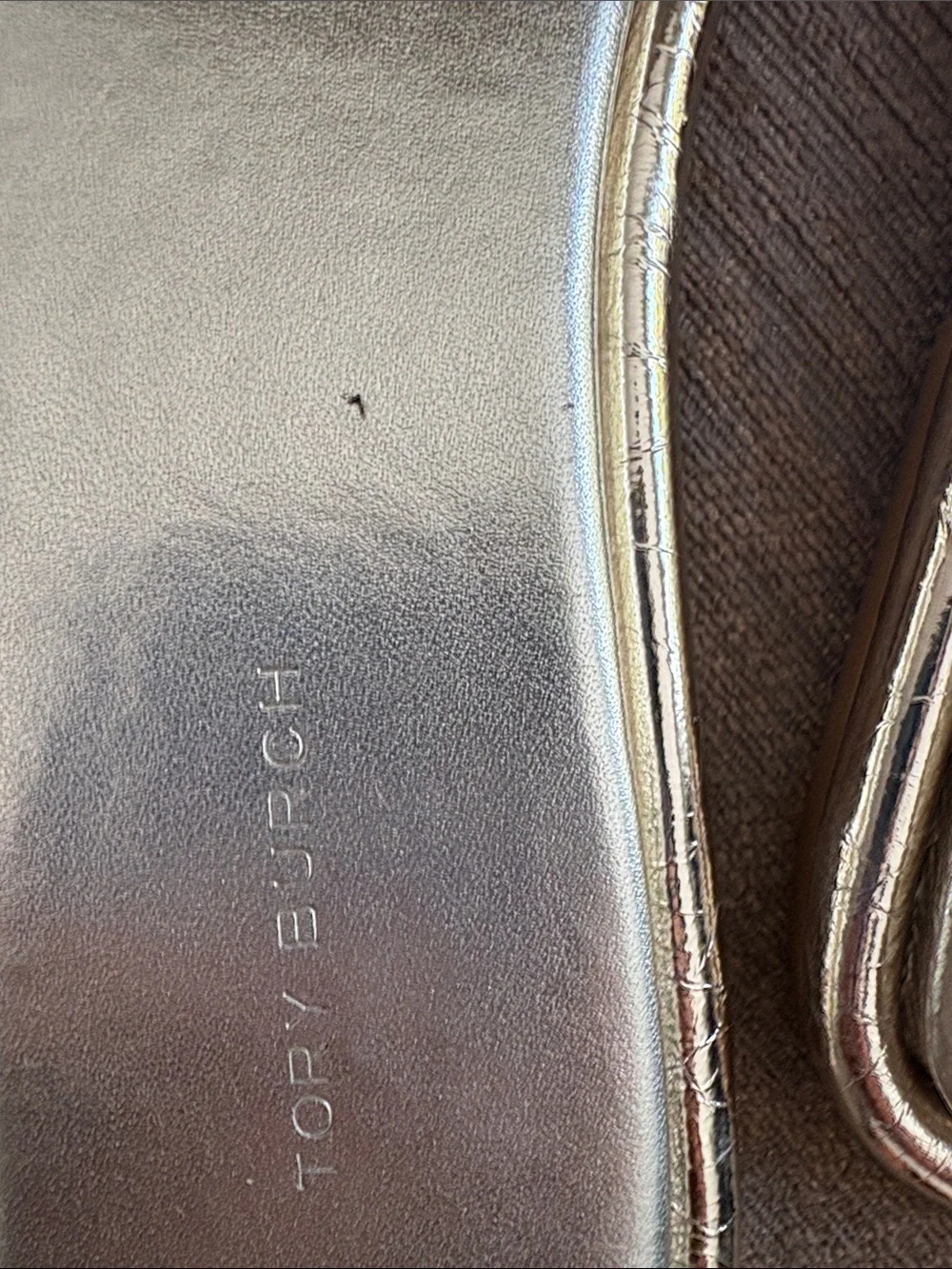 Tory Burch Iridescent Metallic Gold Logo Slide Sandals